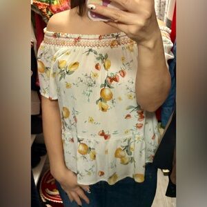 Maurices Cream Off-Shoulder Lemon Print Peplum Top